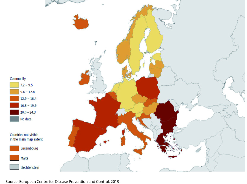 Figure 2. Antibiotic consumption in Europe in 2019, as recorded by the European Centre for Disease Prevention and Control, Annual Epidemiological Report for 2019. The numbers refer to the defined daily dosage per 1,000 inhabitants per day.  